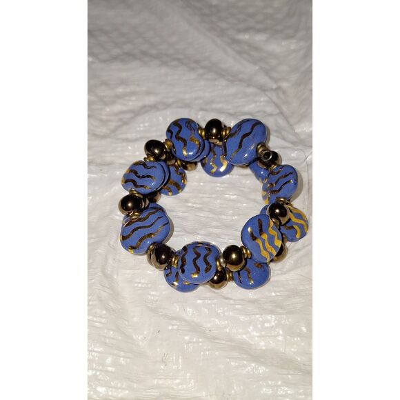 Art Glass Memory Wire Wrap Bracelet Chunky Blue Ceramic And Metal Elegant - Picture 5 of 6